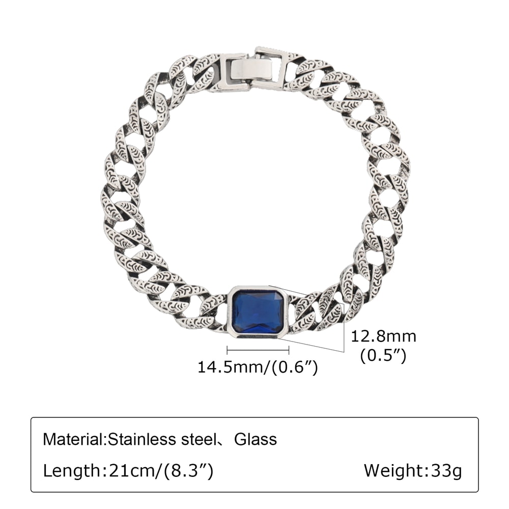 Chunky Cuban Chain Bracelet for Men Stainless Steel Cuban Link Wristband with Blue Stone