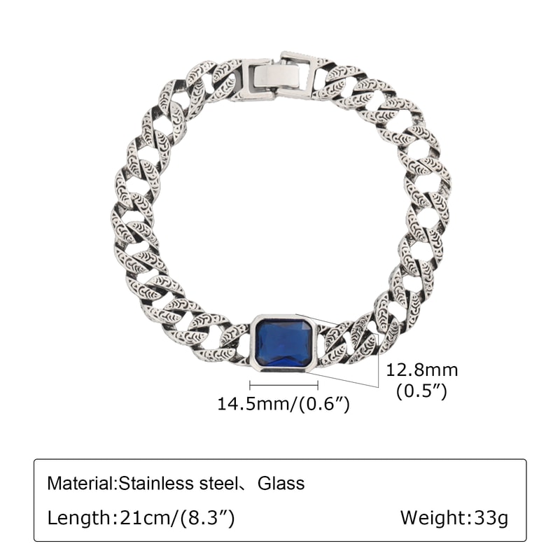 Chunky Cuban Chain Bracelet for Men Stainless Steel Cuban Link Wristband with Blue Stone