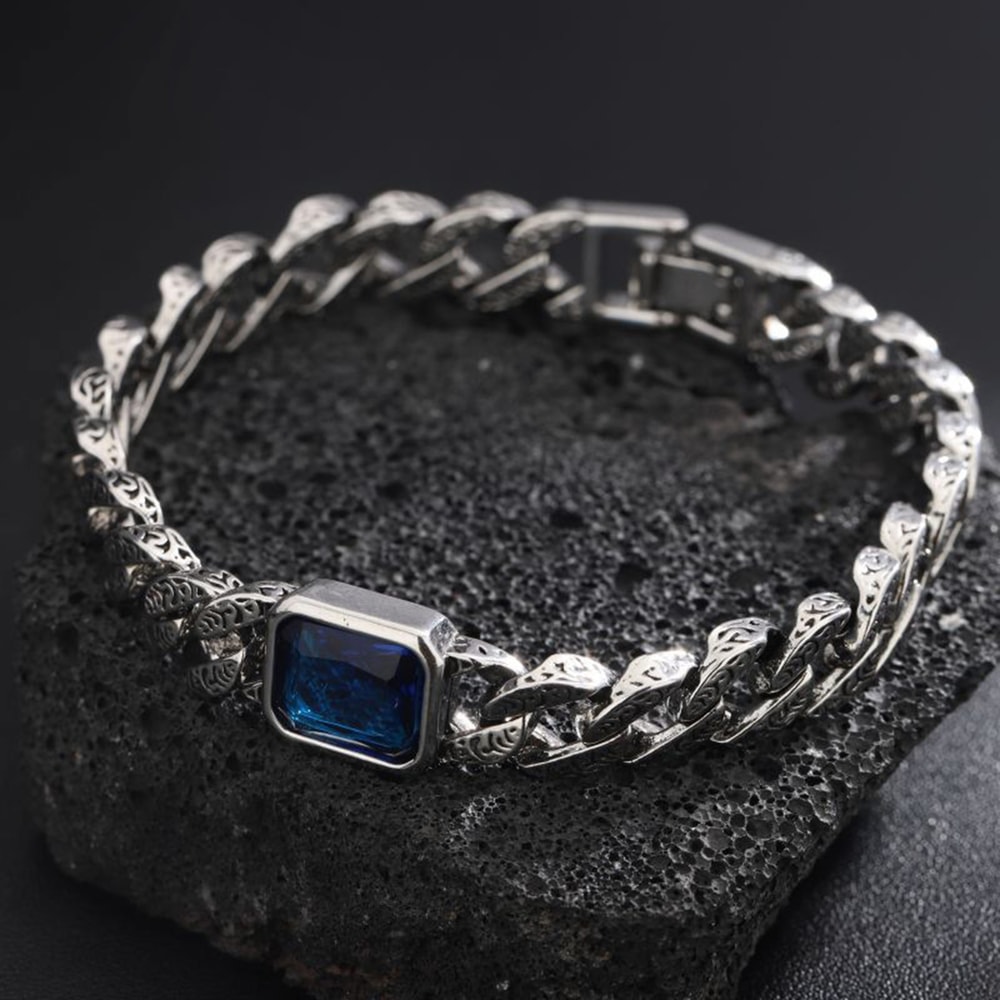 Chunky Cuban Chain Bracelet for Men Stainless Steel Cuban Link Wristband with Blue Stone