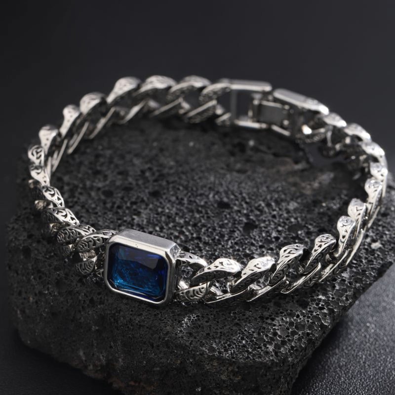 Chunky Cuban Chain Bracelet for Men Stainless Steel Cuban Link Wristband with Blue Stone