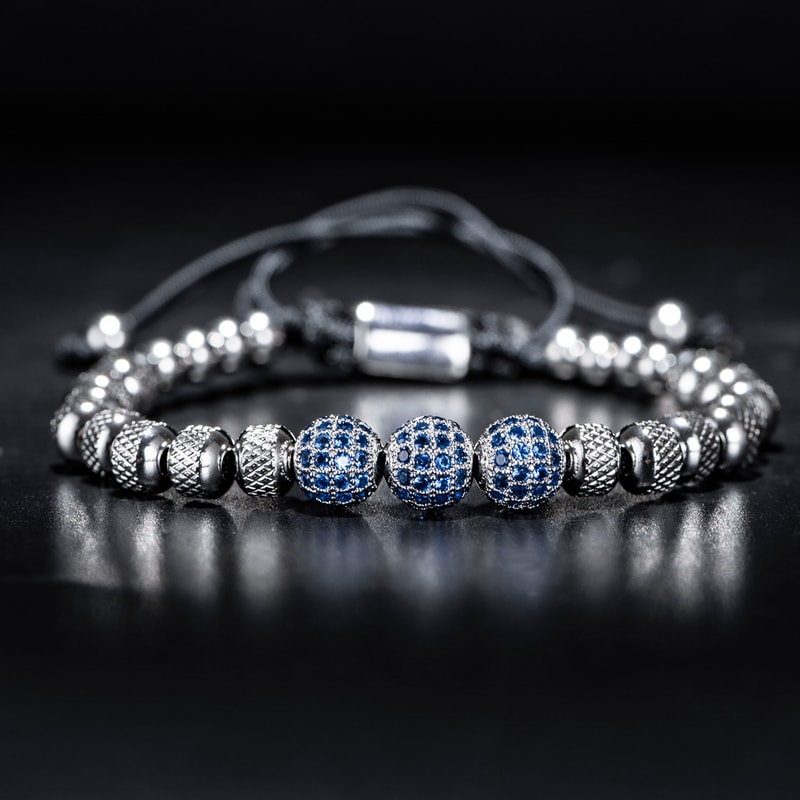 Blue CZ Beaded Friendship Bracelet Stainless Steel Adjustable Charm Bracelet for Women Men