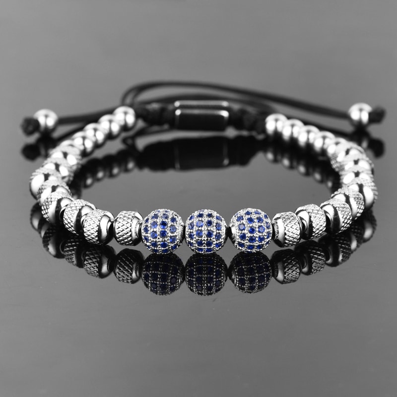 Blue CZ Beaded Friendship Bracelet Stainless Steel Adjustable Charm Bracelet for Women Men