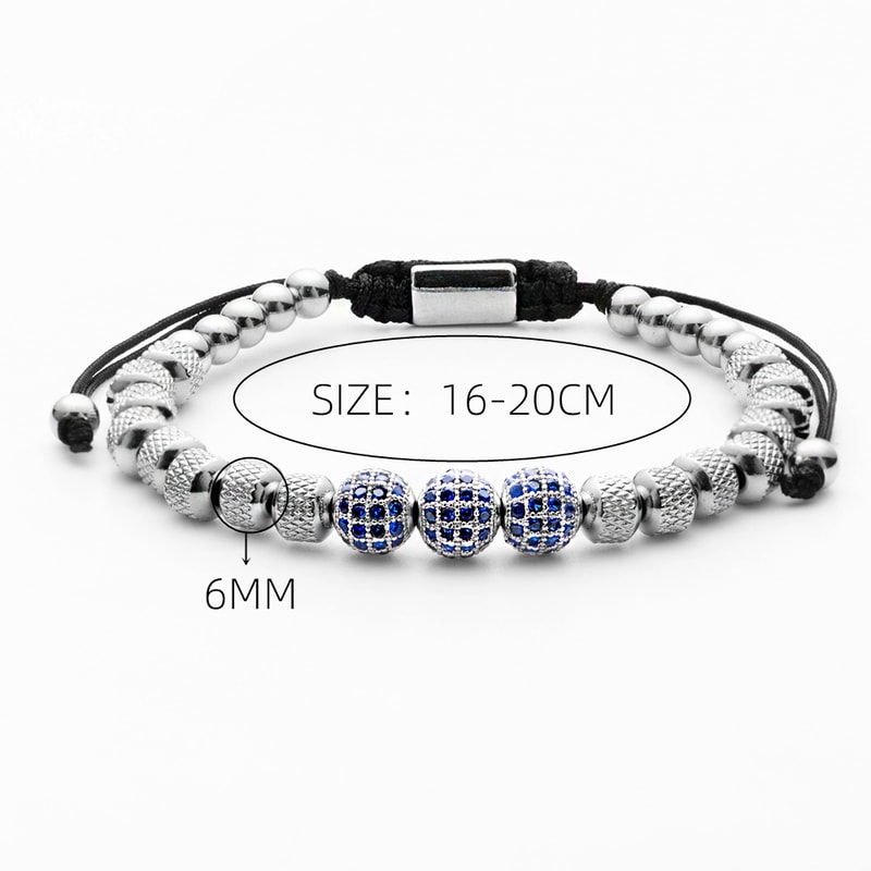 Blue CZ Beaded Friendship Bracelet Stainless Steel Adjustable Charm Bracelet for Women Men