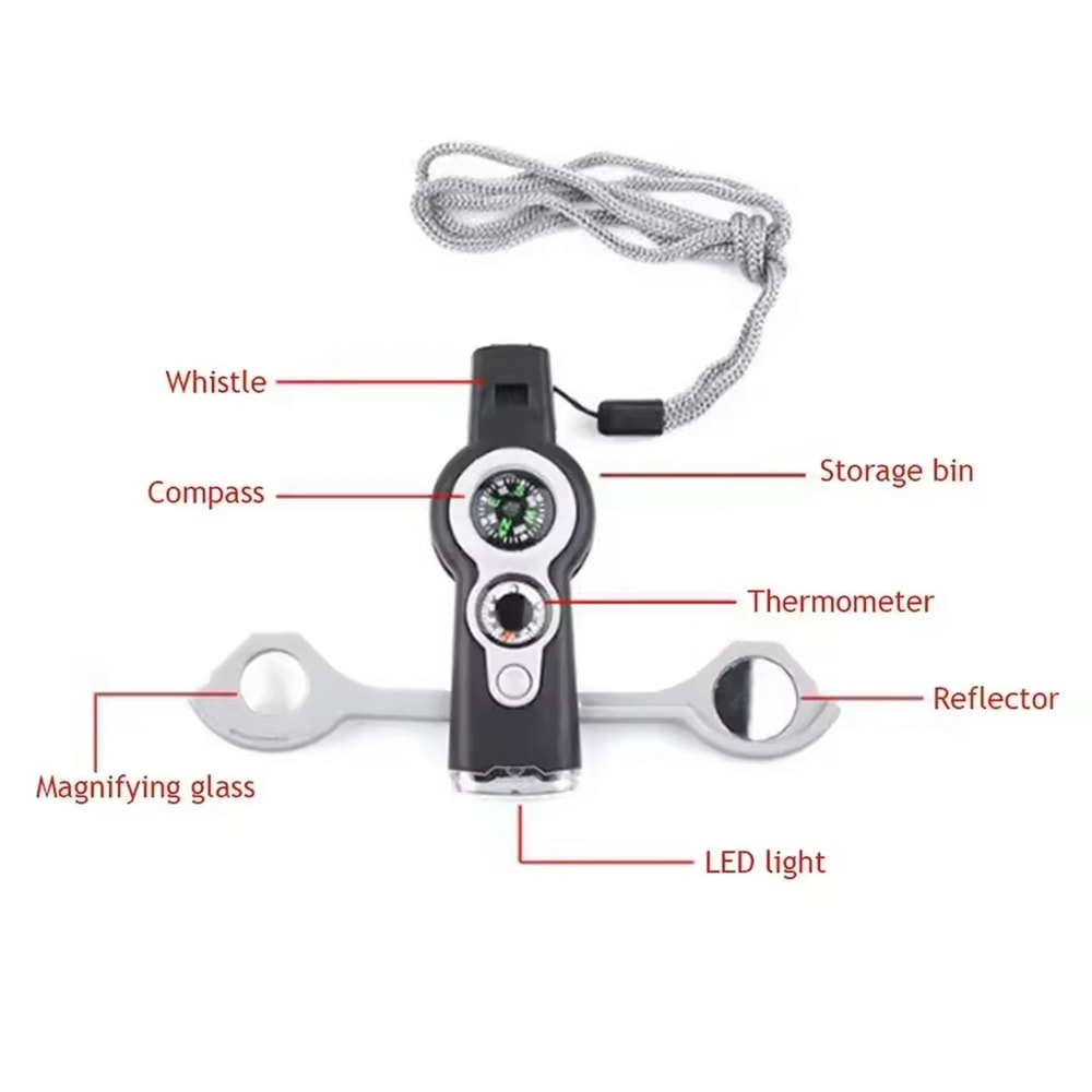 Multifunction Survival Whistle with LED Light and Thermometer for Camping Safety Gear