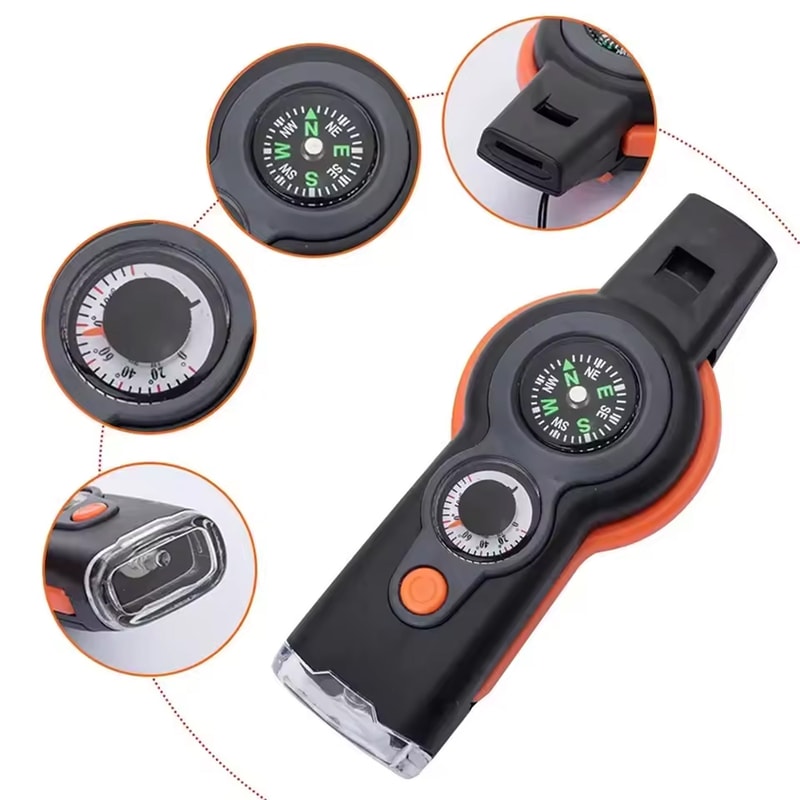 Multifunction Survival Whistle with LED Light and Thermometer for Camping Safety Gear