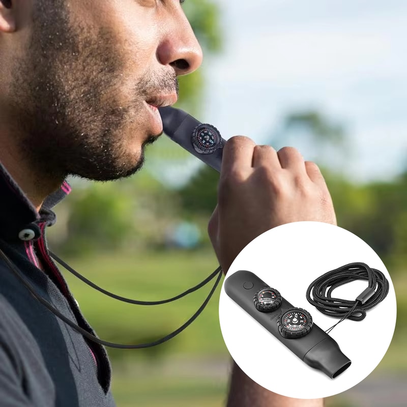 All-in-One Survival Whistle with LED Light, Compass and Thermometer for Outdoor Safety Gear