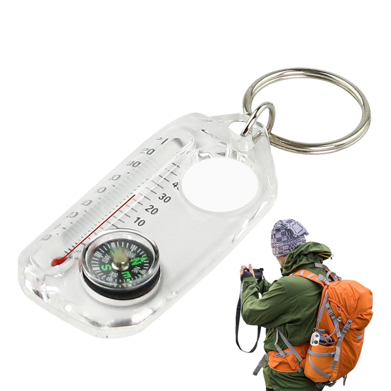 Mini Survival Compass Keychain with Thermometer for Camping Hiking Outdoor Navigation Tool