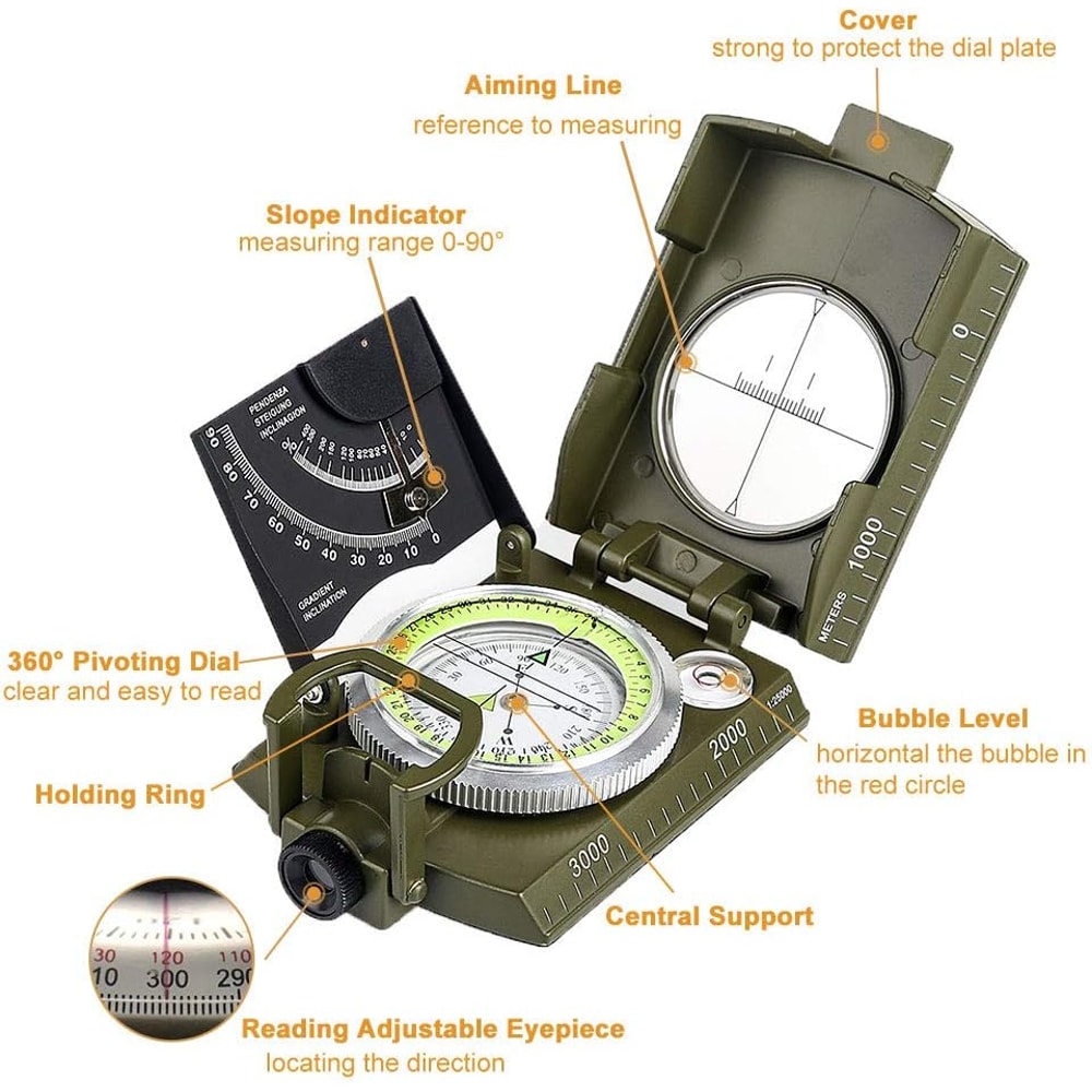 Precision Outdoor Navigation Compass Tool with Clinometer Map Measuring Compass