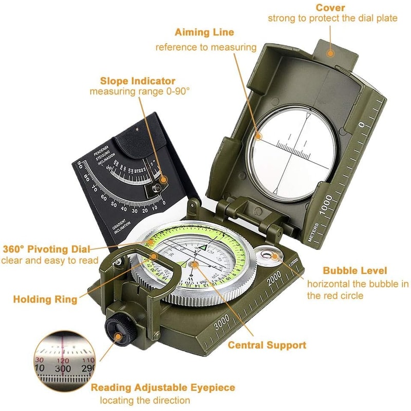 Precision Outdoor Navigation Compass Tool with Clinometer Map Measuring Compass