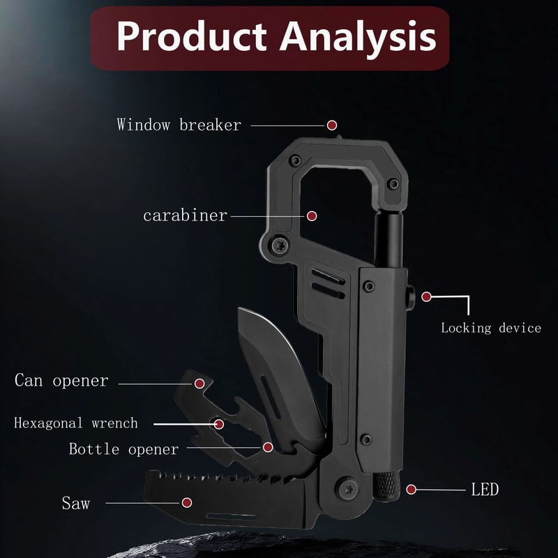 Heavy Duty EDC Multi Tool Knife with Carabiner Clip Outdoor Survival Tool Tactical Pocket Gear
