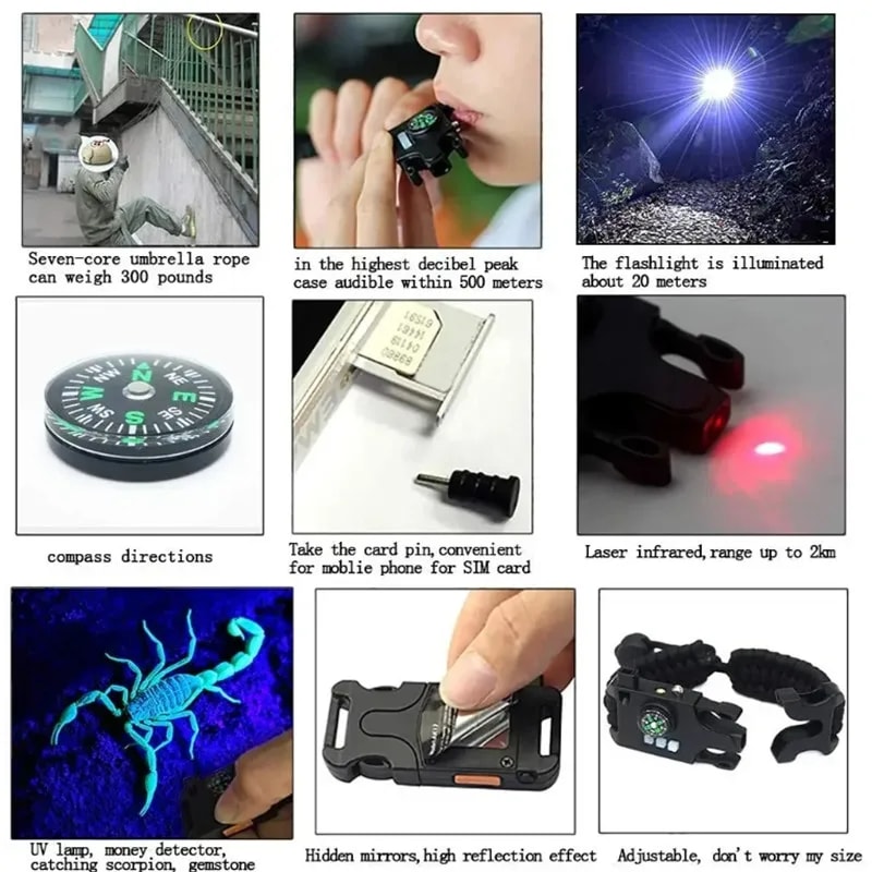 All in One Tactical Survival Bracelet with Compass Flashlight Whistle Emergency Gear Kit