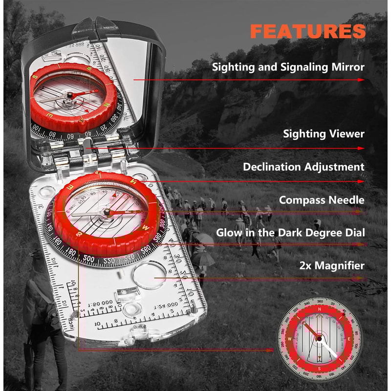 Precision Navigation Compass with Mirror LED Clinometer for Hiking Survival and Map Reading