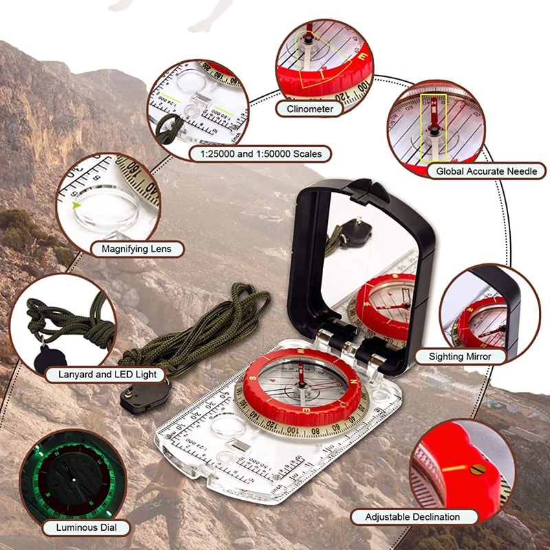 Precision Navigation Compass with Mirror LED Clinometer for Hiking Survival and Map Reading