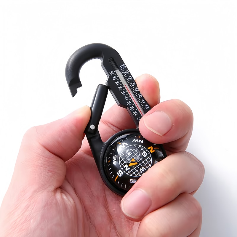 Multifunctional Carabiner Compass Keychain with Thermometer for Hiking Camping Survival Gear