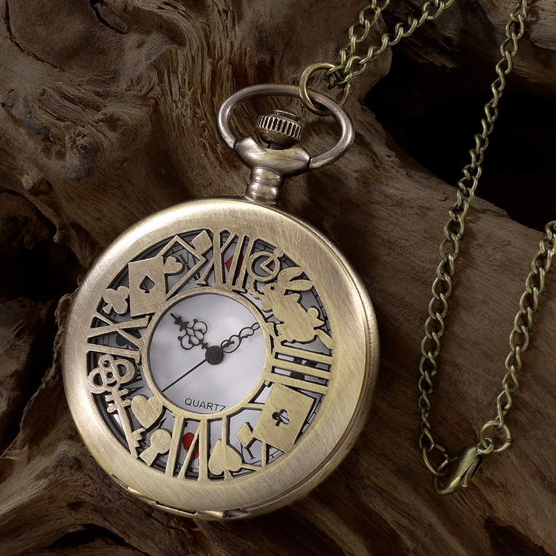 Vintage Alice Pocket Watch Necklace Retro Bronze Quartz Pendant Gift for Women and Men
