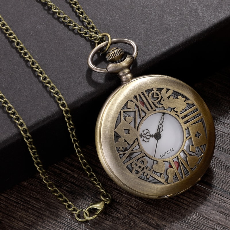 Vintage Alice Pocket Watch Necklace Retro Bronze Quartz Pendant Gift for Women and Men