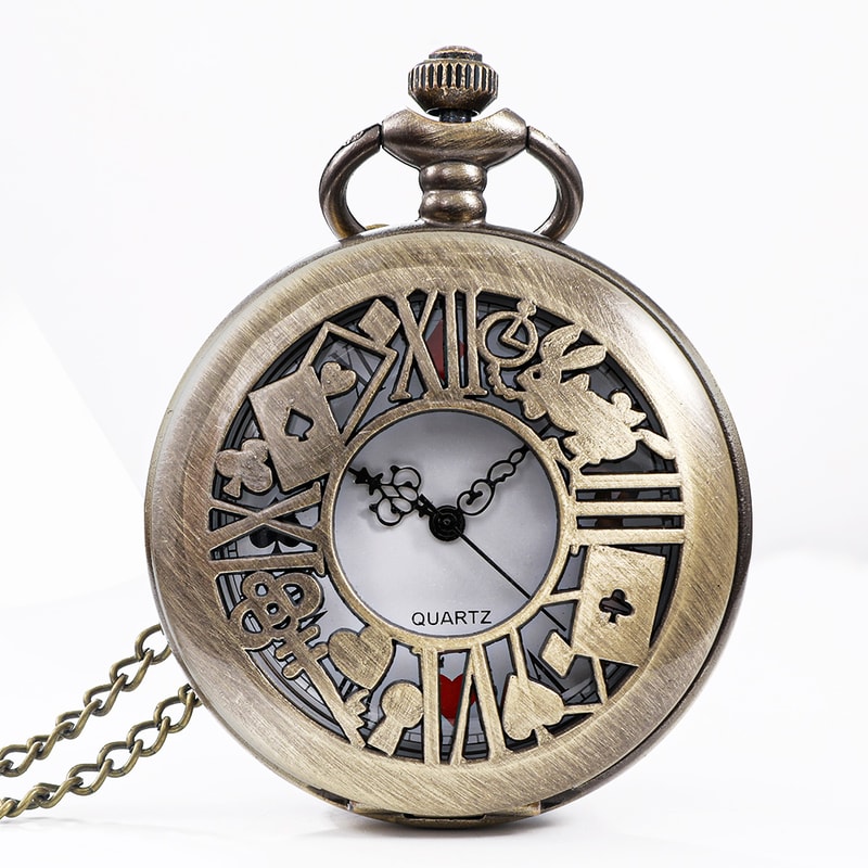 Vintage Alice Pocket Watch Necklace Retro Bronze Quartz Pendant Gift for Women and Men