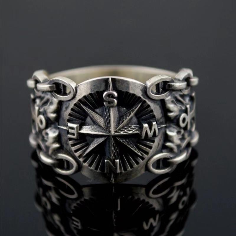 Viking Compass Ring Nordic Amulet Jewelry, Pirate Rune Stainless Steel Ring for Men and Women