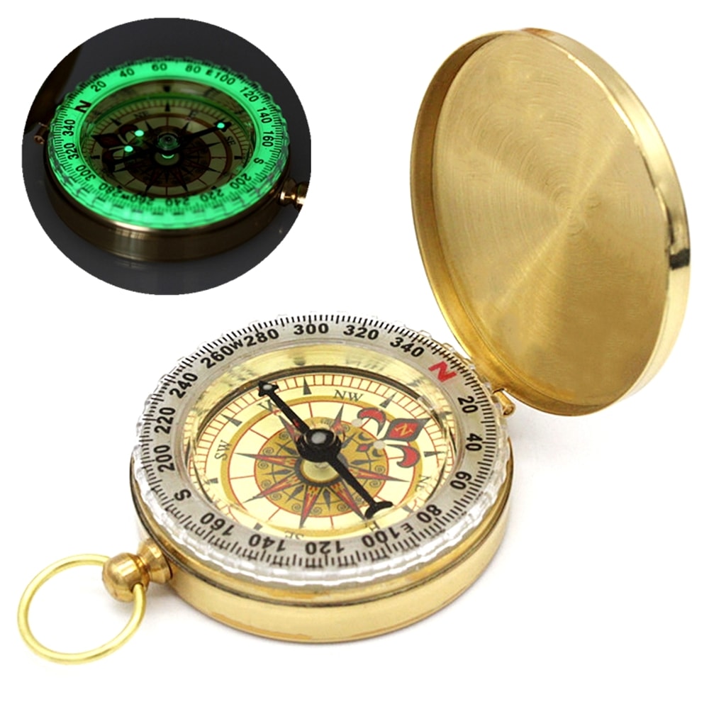 Vintage Brass Pocket Compass for Hiking and Camping with Glow Navigation Display