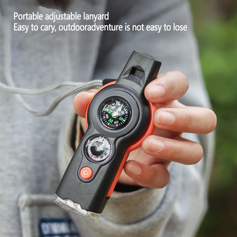 Multifunctional Outdoor Survival Whistle with LED Light Compass Thermometer Tool