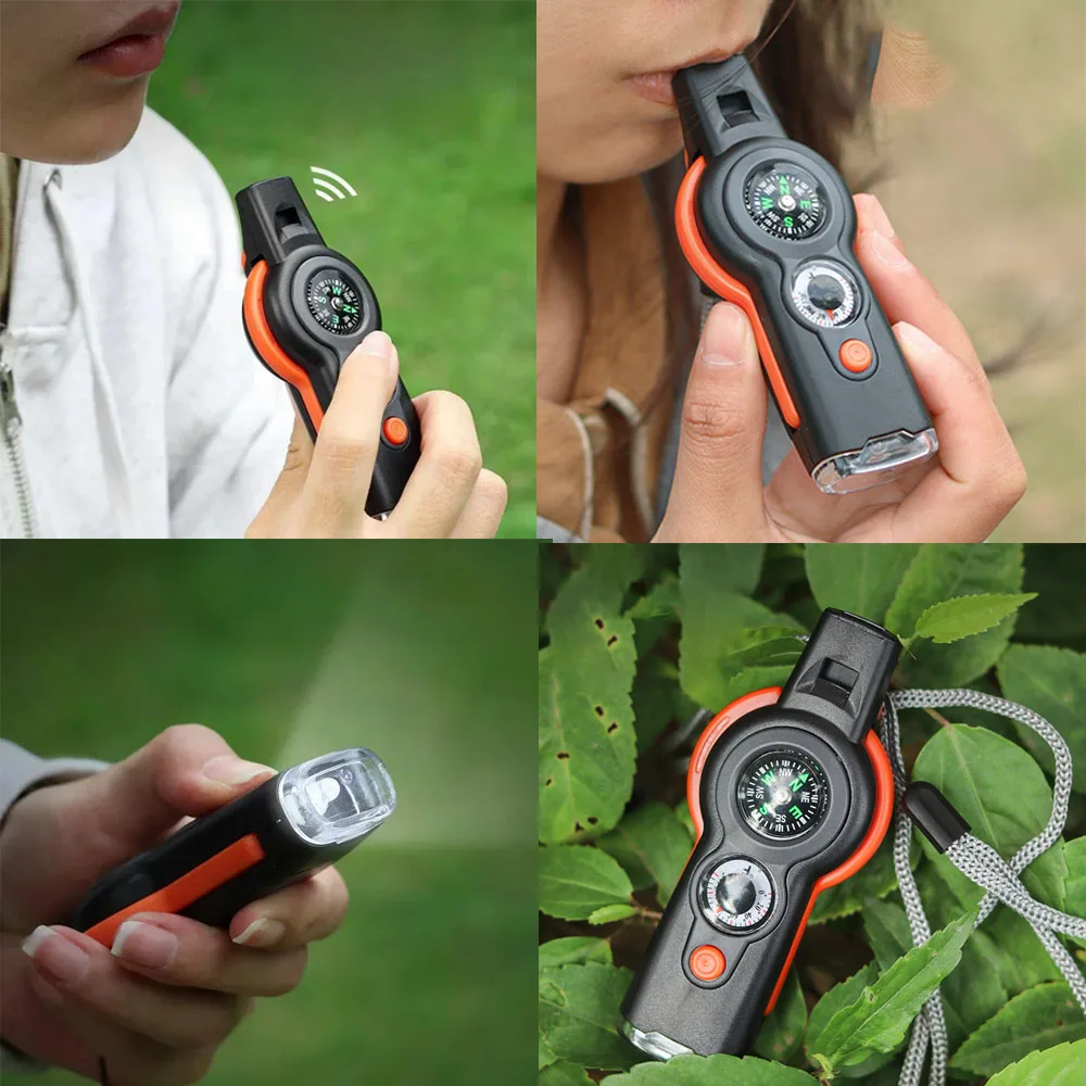 Multifunctional Outdoor Survival Whistle with LED Light Compass Thermometer Tool