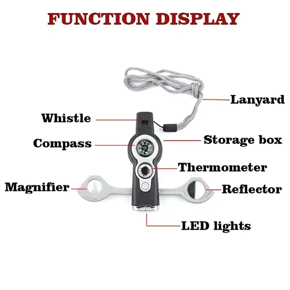 Multifunctional Outdoor Survival Whistle with LED Light Compass Thermometer Tool