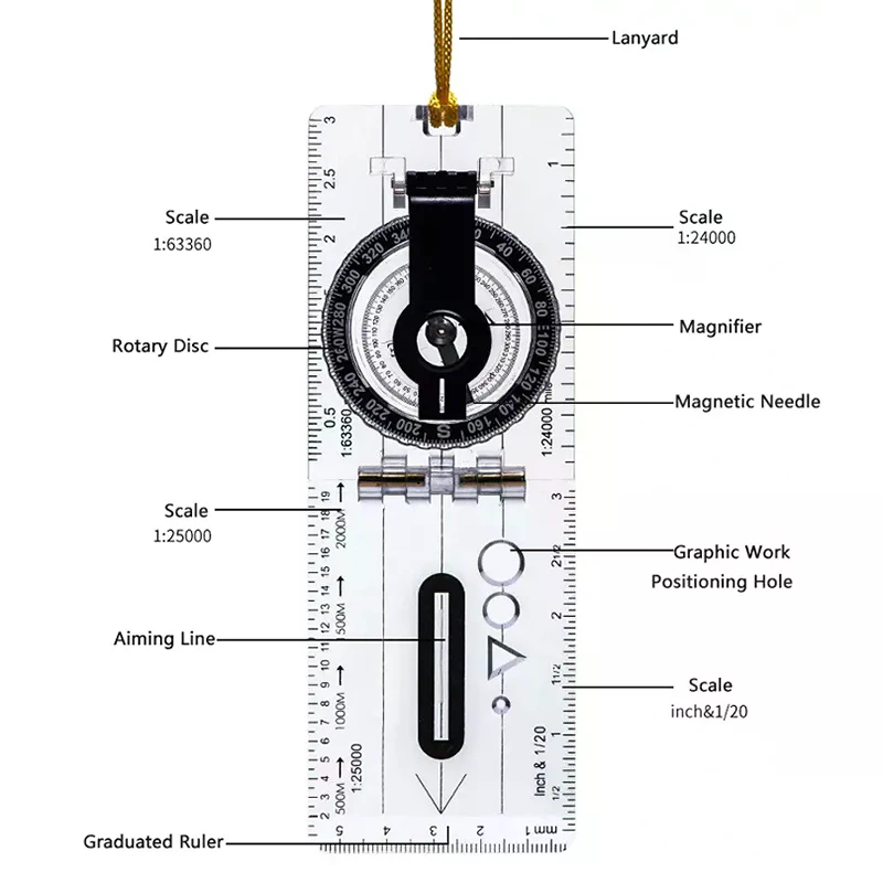 Multifunction Map Compass Tool Folding Hiking Compass Ruler Waterproof Navigation Guide