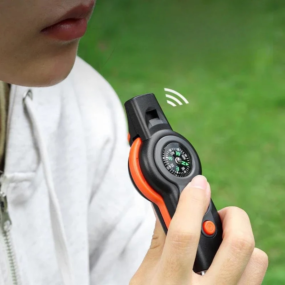 Multifunction Survival Whistle Tool with LED Light Compass Thermometer for Camping Hiking Safety