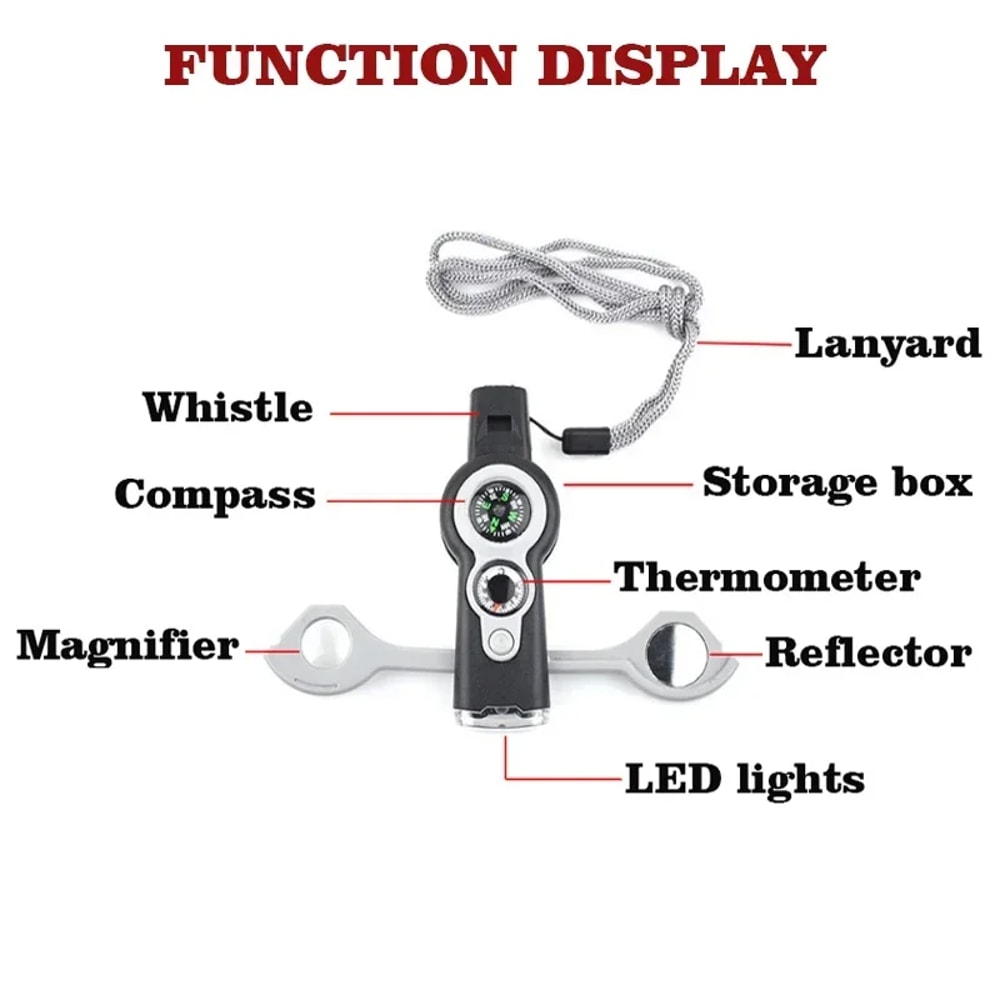 Multifunction Survival Whistle Tool with LED Light Compass Thermometer for Camping Hiking Safety