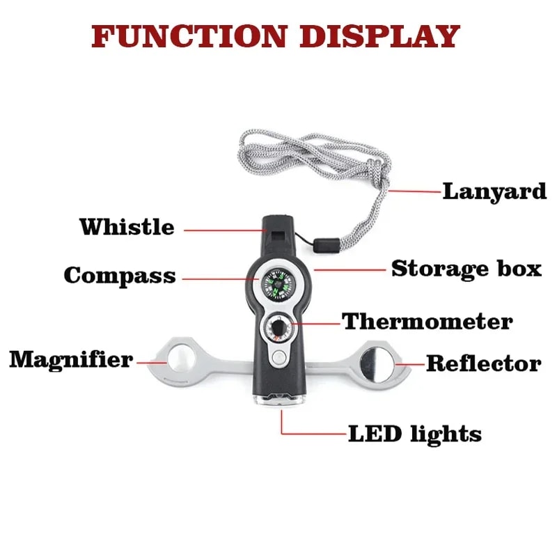 Multifunction Survival Whistle Tool with LED Light Compass Thermometer for Camping Hiking Safety