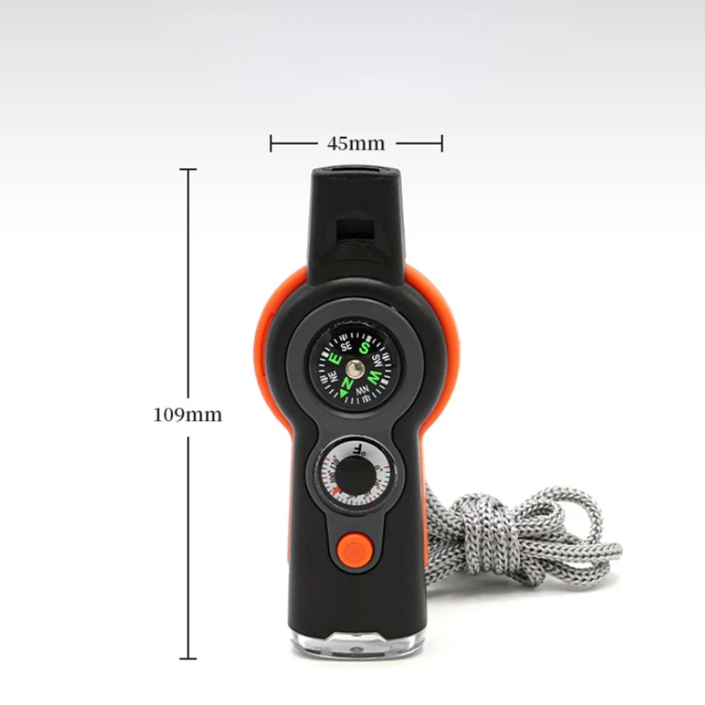Multifunction Survival Whistle Tool with LED Light Compass Thermometer for Camping Hiking Safety