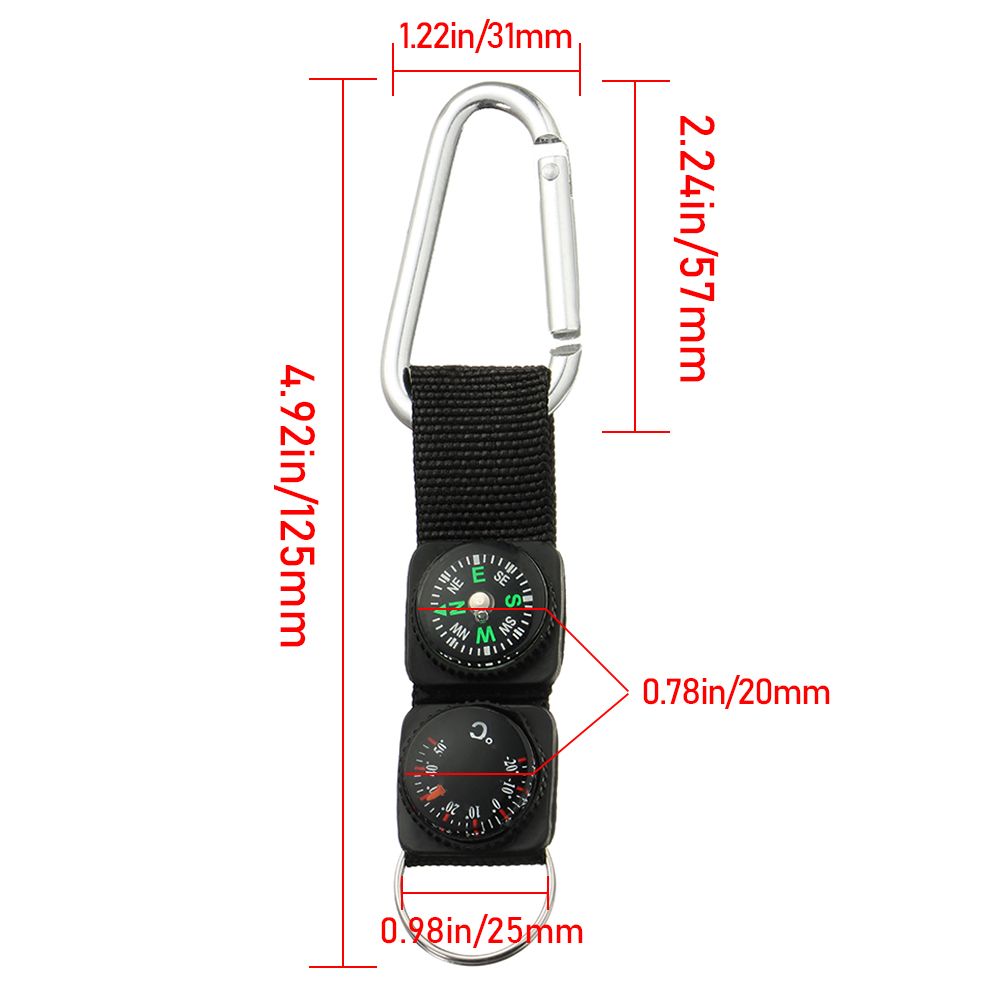Outdoor Survival Keychain with Compass Thermometer Carabiner Clip