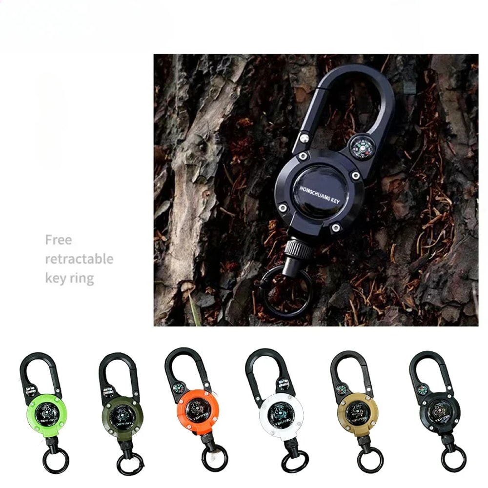 Portable Retractable Keychain with Compass and Steel Wire Carabiner Reel