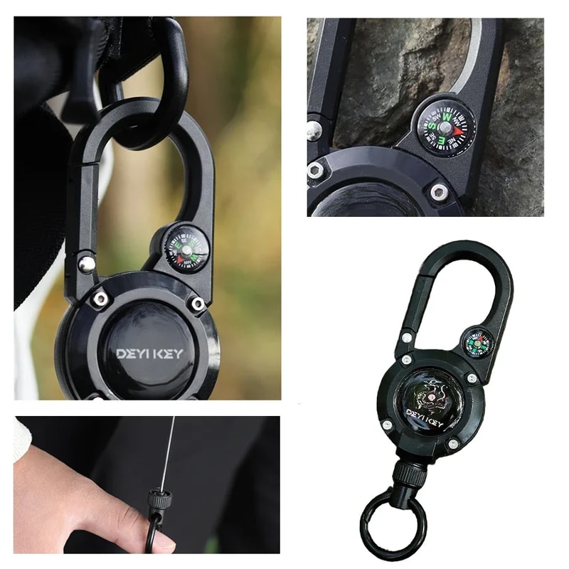 Portable Retractable Keychain with Compass and Steel Wire Carabiner Reel