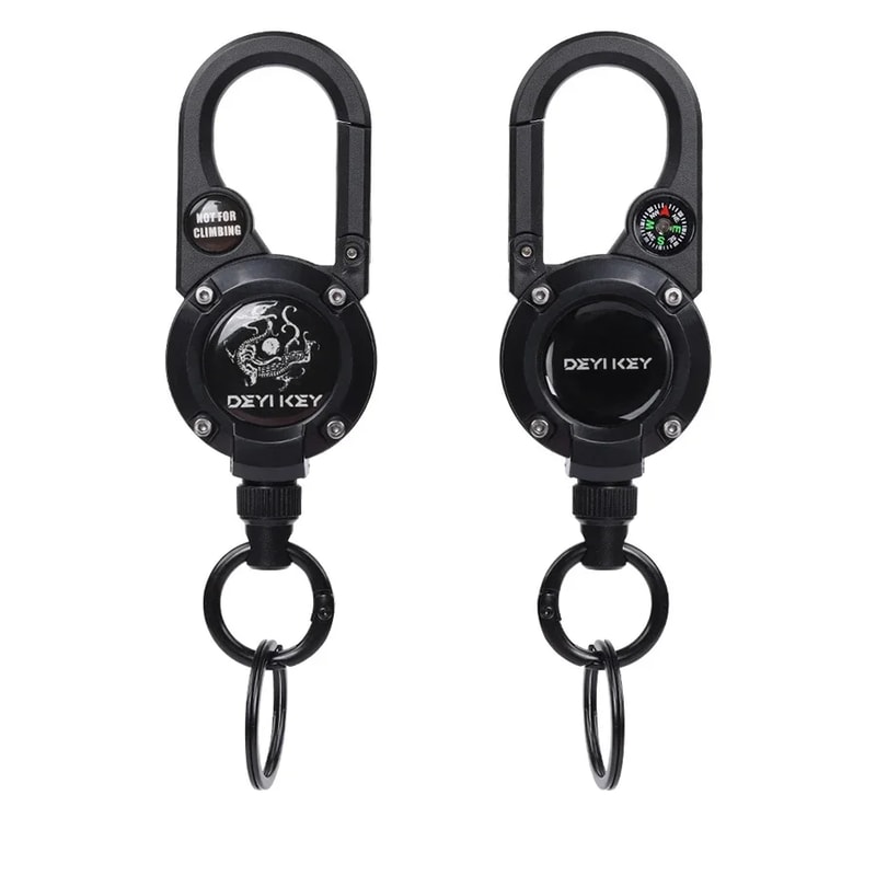 Portable Retractable Keychain with Compass and Steel Wire Carabiner Reel