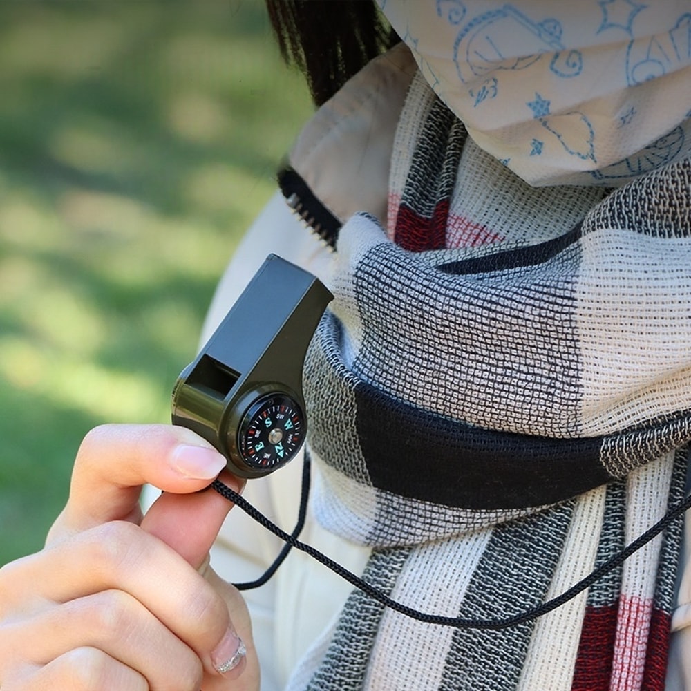 Emergency Survival Whistle with Compass Thermometer Keychain for Hiking Camping Safety