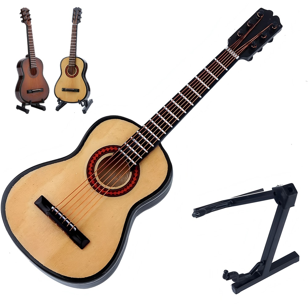 Mini Wooden Guitar Decor with Stand Realistic Miniature Musical Instrument Gift