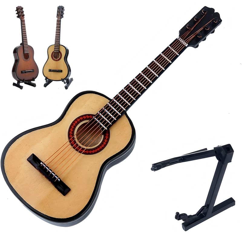 Mini Wooden Guitar Decor with Stand Realistic Miniature Musical Instrument Gift