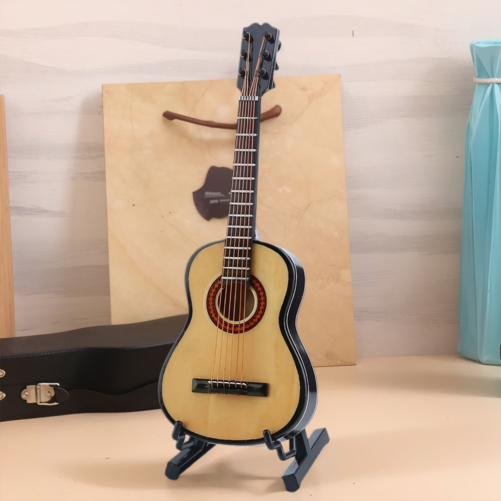 Mini Wooden Guitar Decor with Stand Realistic Miniature Musical Instrument Gift