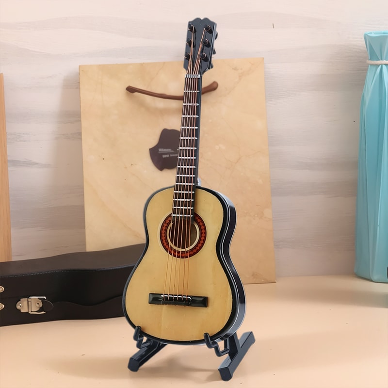 Mini Wooden Guitar Decor with Stand Realistic Miniature Musical Instrument Gift