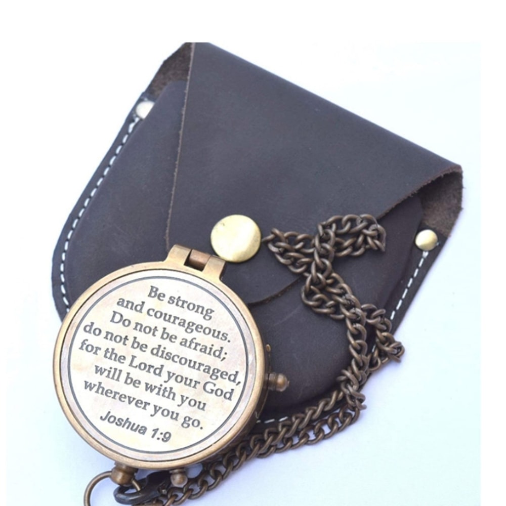 Vintage Brass Pocket Compass Necklace with Leather Case, Antique Compass Pendant for Hiking Travel Gift