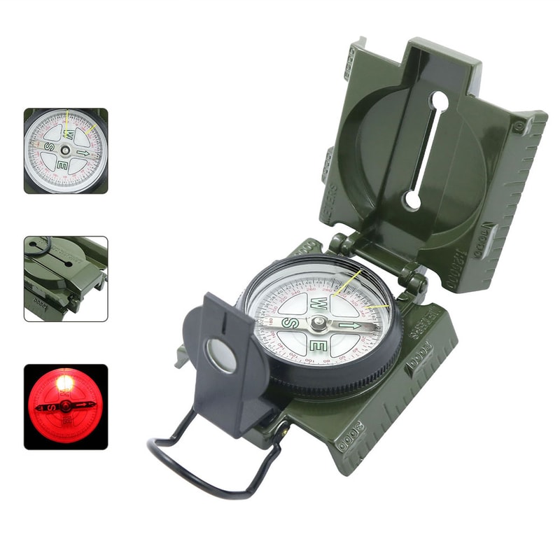 Military Lensatic Compass with LED Light and Dual Scale Map Navigation Tool