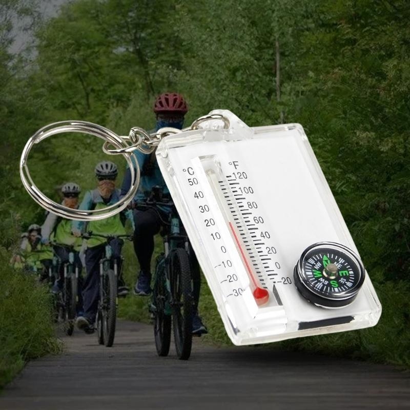 Mini Survival Compass Thermometer Keychain for Hiking Camping Gear