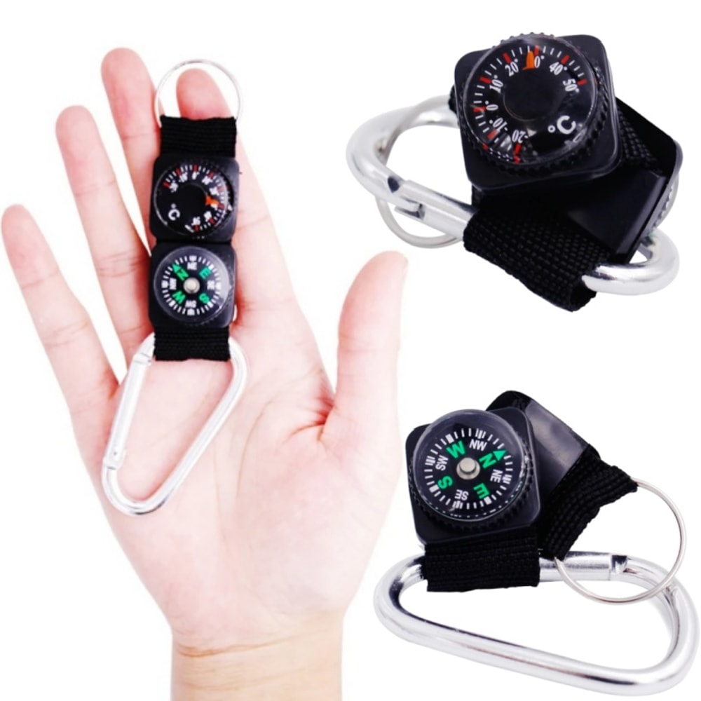Multi Function Outdoor Survival Carabiner with Compass and Thermometer Clip