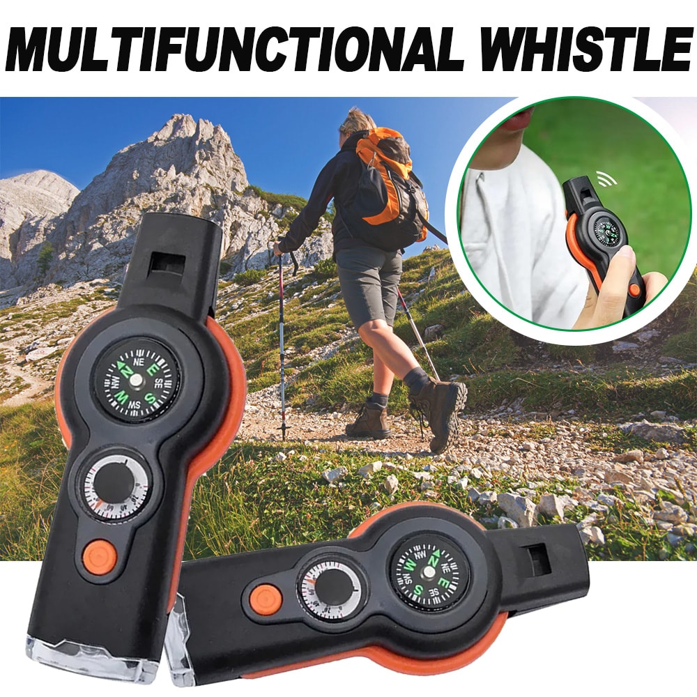 Outdoor Survival Whistle with Compass Thermometer and Carabiner Clip