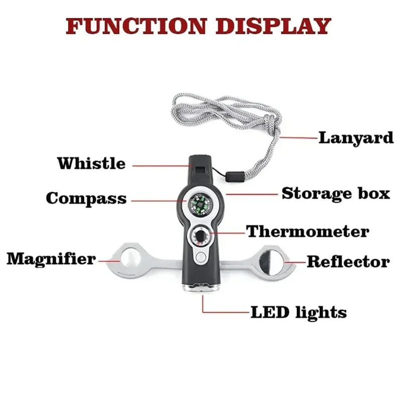 Outdoor Survival Whistle with Compass Thermometer and Carabiner Clip