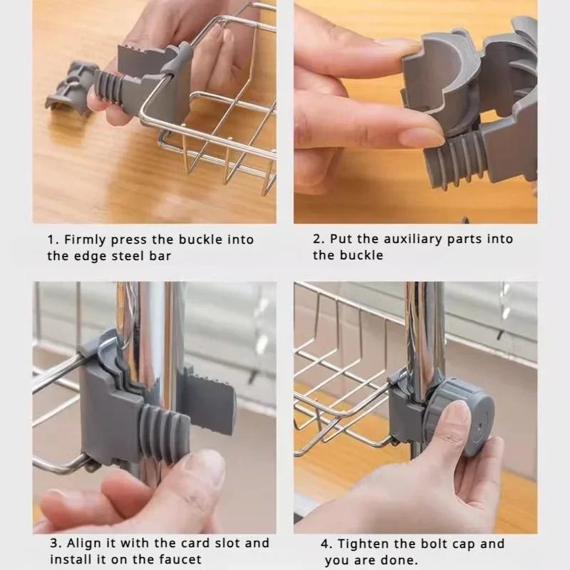 Stainless Steel Sink Organizer Rack with Faucet Holder and Detachable Drain Shelf