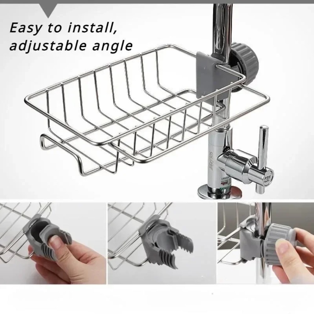Stainless Steel Sink Organizer Rack with Faucet Holder and Detachable Drain Shelf