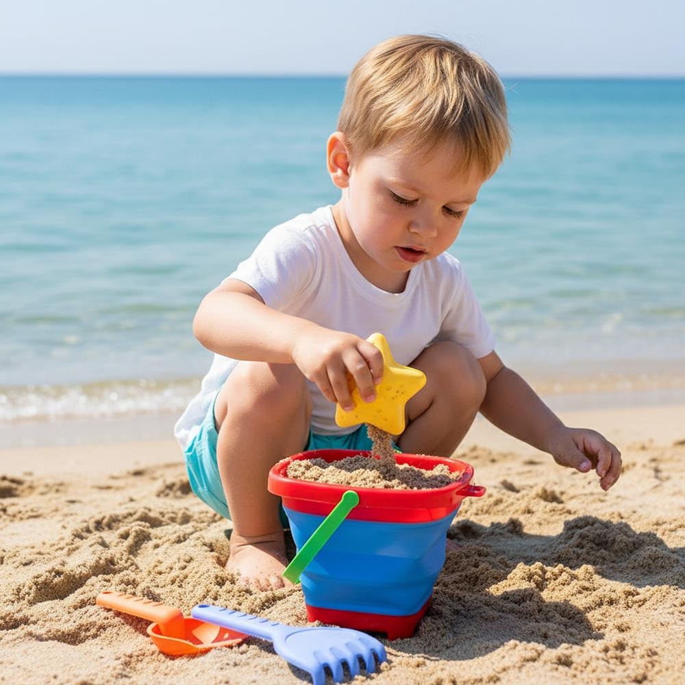 Foldable Beach Toys Set with Collapsible Bucket and Molds Portable Sand Play Kit for Toddlers