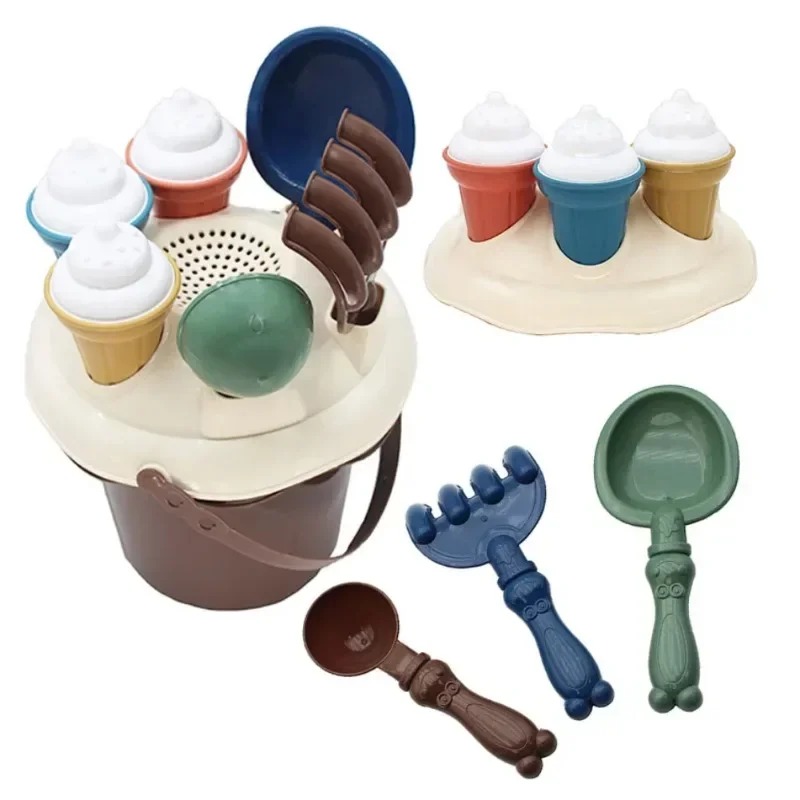 Kids Beach Toy Set Sand Play Kit with Bucket Shovel Rake Ice Cream Molds for Toddlers